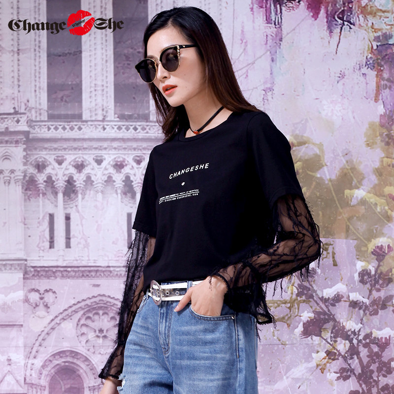 千细change she2020新款蕾丝袖衬衫 changesheT恤