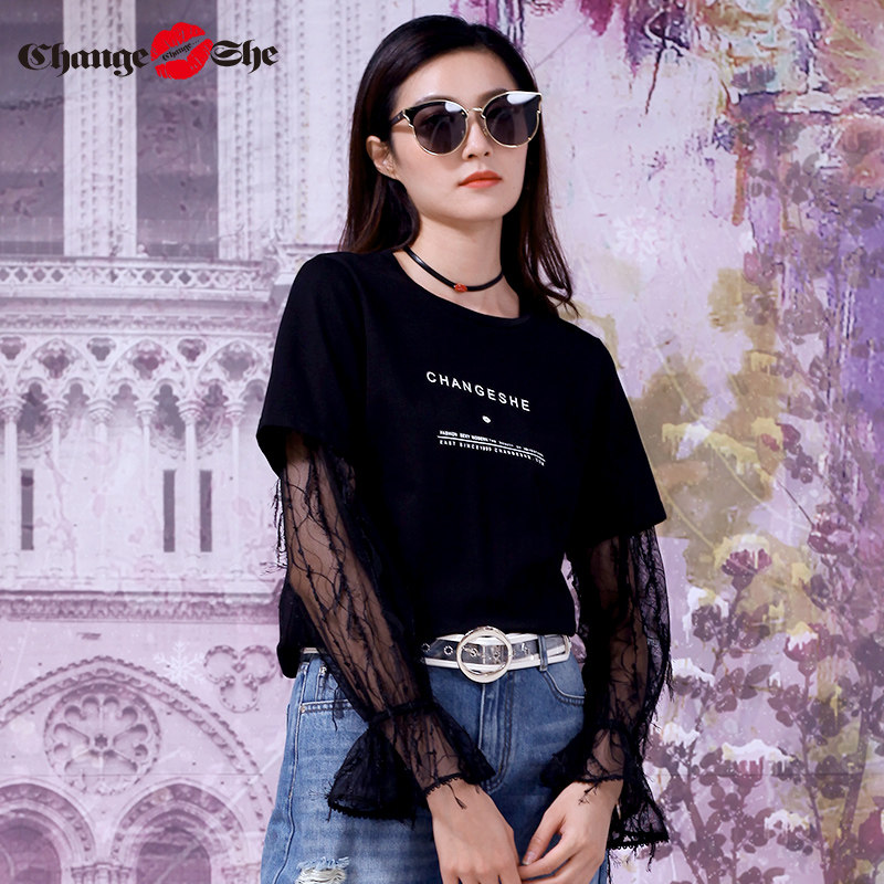 千细change she2020新款蕾丝袖衬衫 changesheT恤
