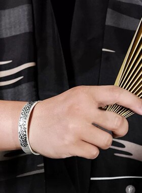 时尚潮流足银999手镯复古心经祥云宽面潮人个性开口纯银泰银手环