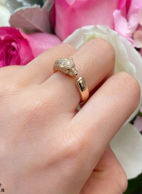 新款猎豹头纯银镀18K玫瑰金戒指镶钻对戒窄版豹子轻奢ins风高级