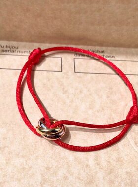 三色手链红色手绳本命年纯银镀18k玫瑰金三环三圈红绳轻奢ins