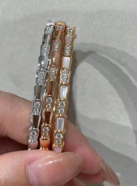 宝家蛇骨手镯纯银镀18k金白贝母半钻窄版手环手链首饰高级轻奢