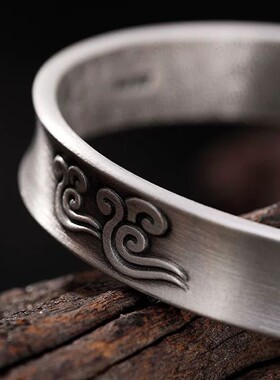 S999纯银复古做旧哑光祥云花纹云朵百搭男女士开口情侣手镯手环女