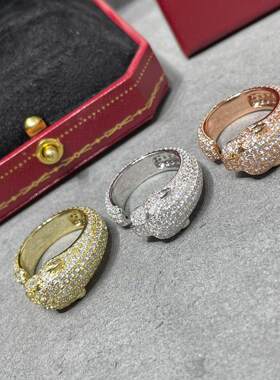 卡家豹头纯银镀18K玫瑰金戒指猎豹镶钻对戒宽版豹子轻奢ins风高级