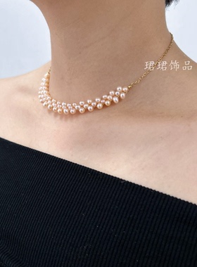 新饰品天然橘粉色珍珠遮甲状腺术后疤痕女士锁骨颈链防褪色过敏赞