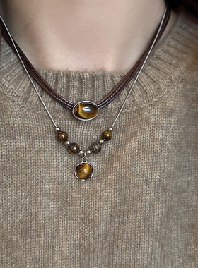 双层叠戴虎眼石吊坠皮绳锁骨链