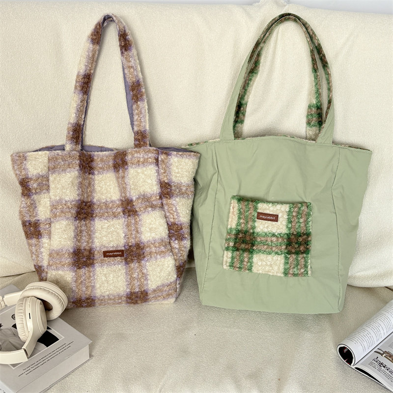 MAYRABBIT 秋冬新款毛绒双面单肩包大容量托特包简约格纹腋下包女,淘宝优惠券,粉丝福利购,淘宝优惠卷