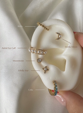 耳钉不对称纯银镀金星月原创珍珠