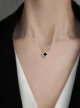 黑色幸运四叶草钛钢项链