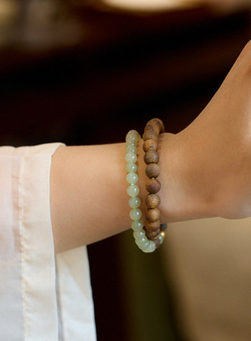 高档海南沉香和田玉串珠双圈手串女士礼物手链文玩国风手链老婆