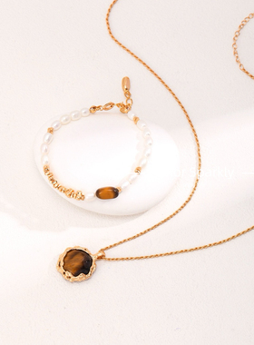 Color Sparkly 虎眼石项链女天然石吊坠锁骨链雅丹风小众毛衣链