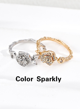 Color Sparkly 925银镀金玫瑰花戒指女轻奢小众高级感指环礼物