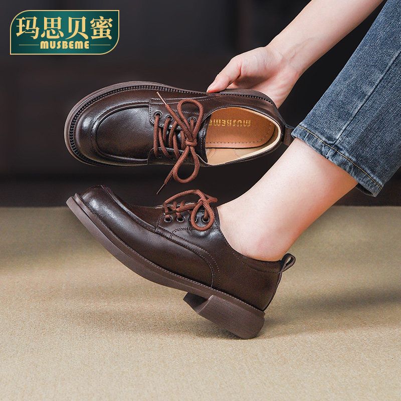 真皮小皮鞋女2025秋冬新款软底休闲百搭粗跟系带中年女士单鞋女鞋,淘宝优惠券,粉丝福利购,淘宝优惠卷