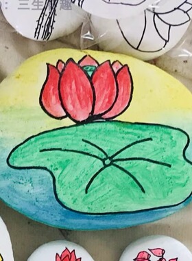 石头画荷花绘画石头鹅卵石画