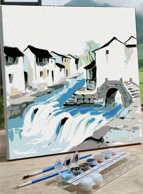 儿童手绘油画数字油画江南风景