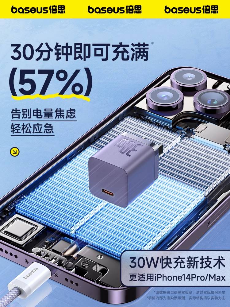 倍思充电头30w氮化镓充电器20W适用iPhone15苹果13promax快充PD27w插头14plus手机12充电器线套装11平板typec - 图2