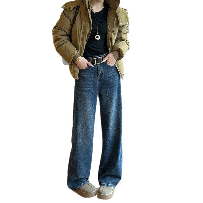 轧戏胡羞卢昱晓同款阔腿牛仔裤女冬季新款加厚磨毛高腰宽松直筒裤,淘宝优惠券,粉丝福利购,淘宝优惠卷