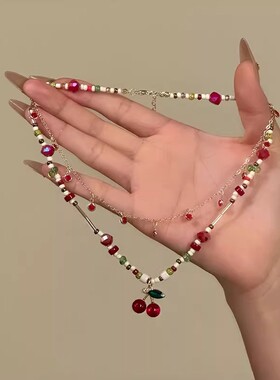 短剧少夫人来自东北钱小卉同款红色串珠樱桃项链女叠戴锁骨链