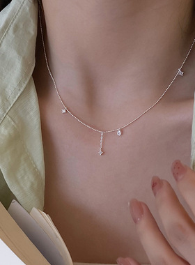 一见钟情王格格温绪同款项链925纯银水滴锆石圆珠流苏港风锁骨链