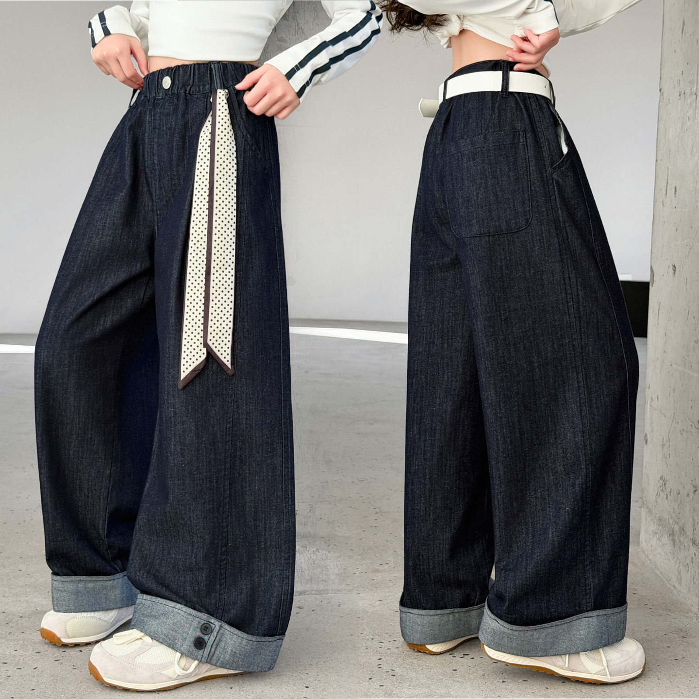 女童裤子春秋直筒裤2026新款儿童深色简约牛仔裤钉扣脚口阔腿长裤,淘宝优惠券,粉丝福利购,淘宝优惠卷