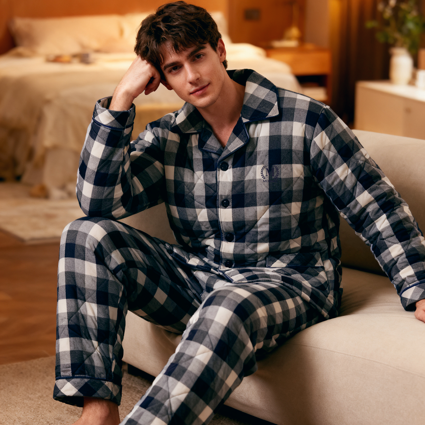 美标冬季梭织纯棉夹棉男睡衣套装格子三层加厚保暖家居服可外穿,淘宝优惠券,粉丝福利购,淘宝优惠卷