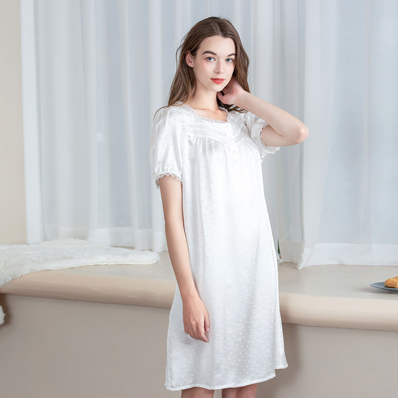 美标新款短袖100%桑蚕丝白色睡裙 美标服饰睡裙