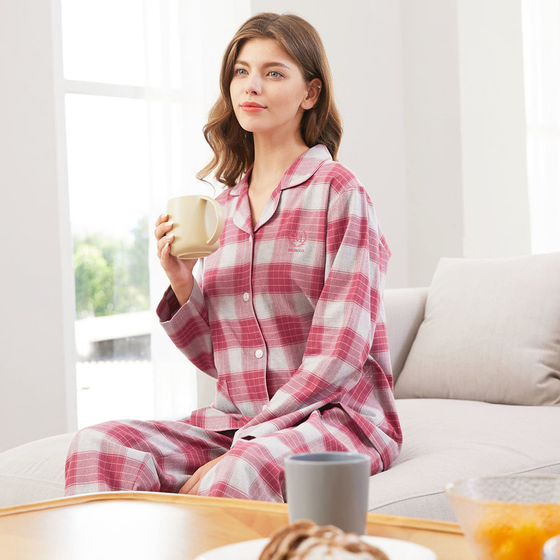 美标睡衣全棉100%纯棉春秋情侣梭织磨毛女格子家居服套装男女