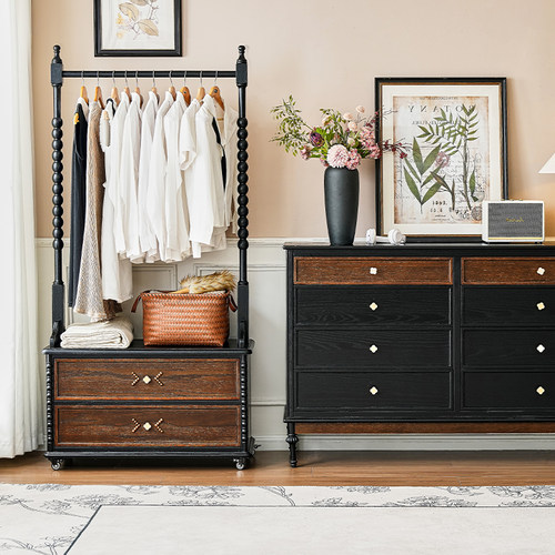 法式复古全实木床头柜挂衣架一体卧室床边落地中古风可移动衣帽架 - 图0