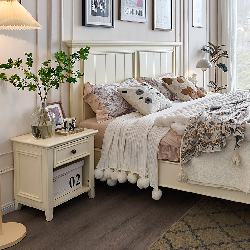 美式奶油风实木床白色1米5轻奢现代简约小户型主卧室储物双人婚床 - 图1