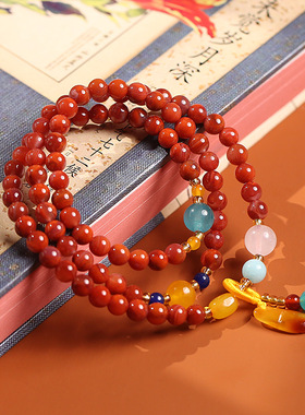 颂喜丨天然三圈南红手链吊蜜蜡随形吊坠民族风男女手串