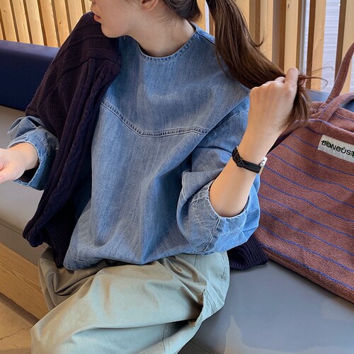 好品质韩国女春夏圆领套头九分袖纯棉短款牛仔上衣衬衫C119 - 图0