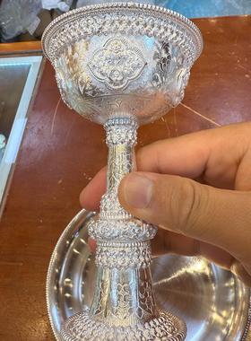 纯银护法杯足银S990供护法杯藏式八吉祥浮雕银护法杯供具15.5cm