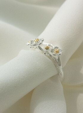 S925银戒指女小众中国风设计金色梅花花朵闺蜜礼物食指关节戒