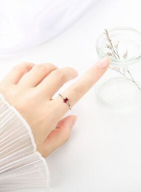 925纯银猫咪戒指女款开口时尚甜美可爱森系学生指环日韩红色戒指