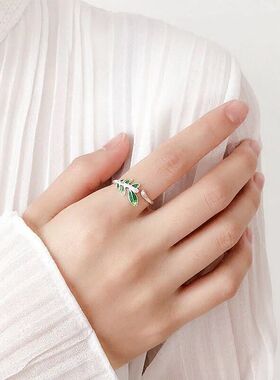 S925纯银甜美森系绿色树叶戒指手工滴油叶子开口戒礼物女