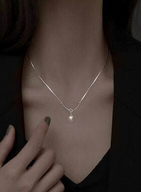 韩版绳结珍珠吊坠项链女甜美气质个性S925银锁骨链ins颈链潮