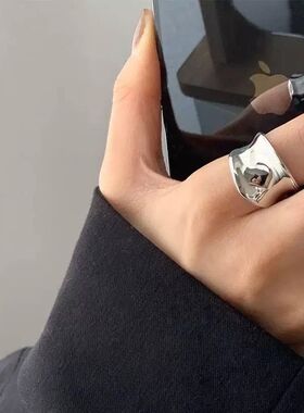 简约凹凸光面戒指女韩版时尚个性S925银开口指环叠戴嘻哈食指戒潮