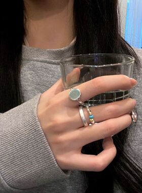 碎银子湖蓝色宝石戒指女开口气质冷淡风指环网红时尚个性食指戒潮