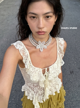 法式多层珍珠花朵choker颈链项链
