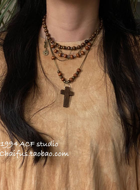 港风复古废土风木质串珠项链