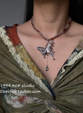 新中式甜酷竹节拼接蝴蝶项链