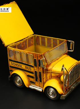 复古美国校车巴士铁艺模型摆件