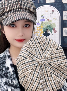 秋冬季格子鸭舌八角帽子女休闲复古画家贝雷帽时尚百搭显脸小好看