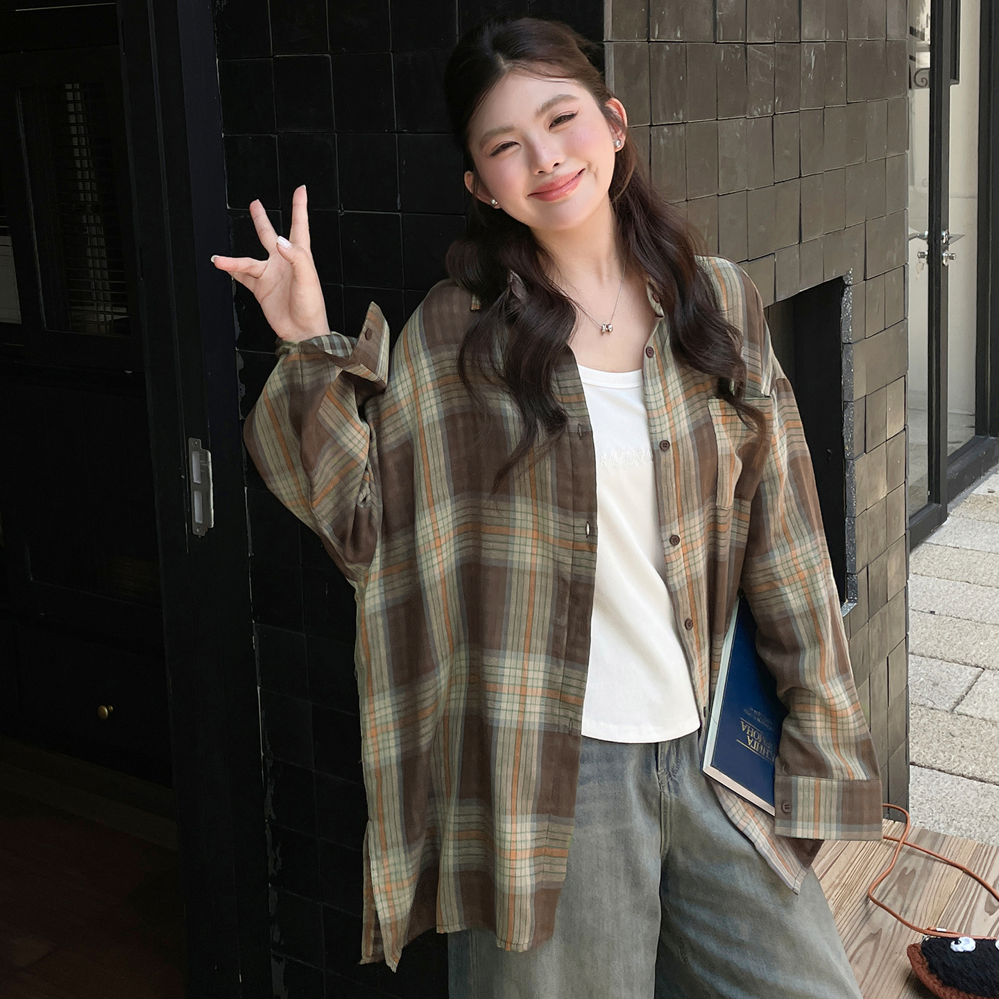 早秋季韩系穿搭巨好看的外套开衫大码胖mm显瘦polo领格子衬衫上衣 - 图1