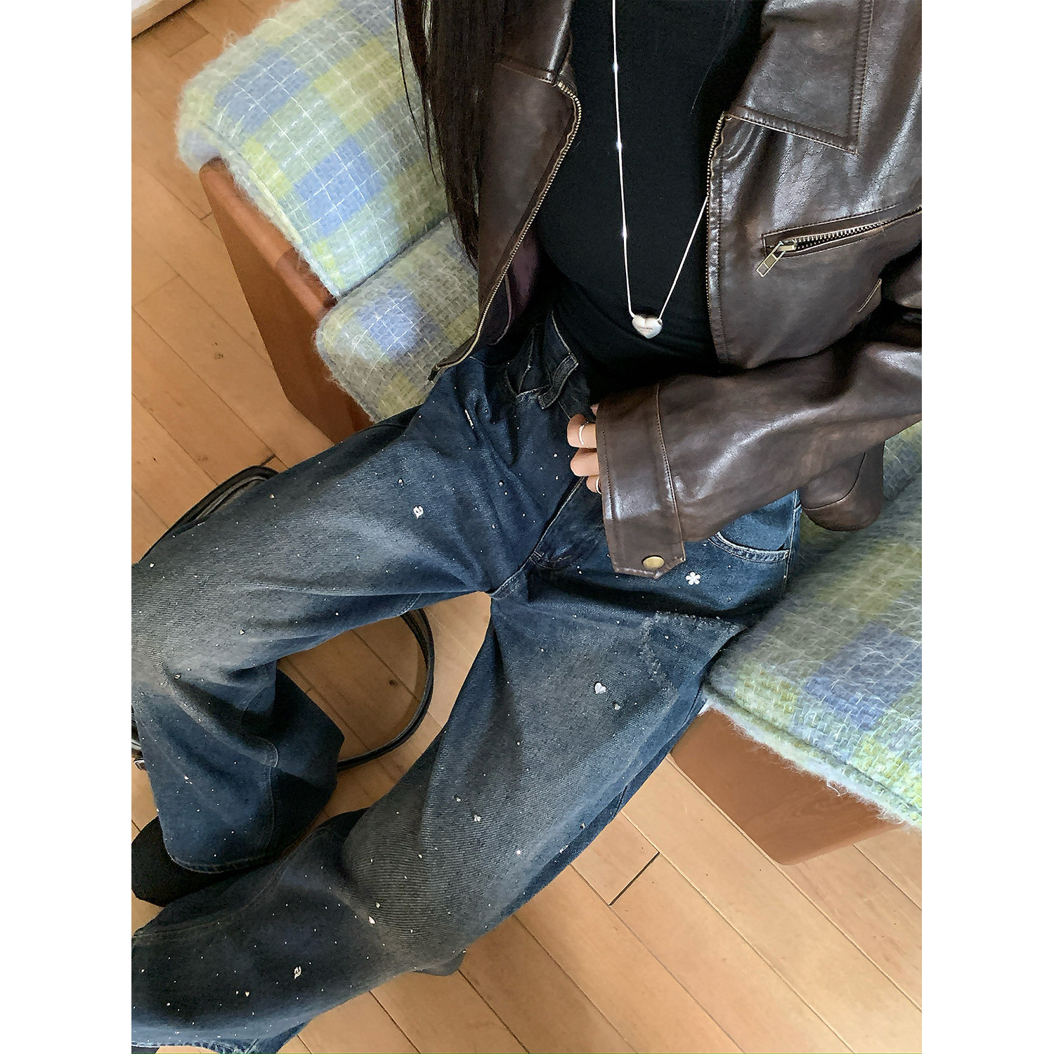 大码女装美式复古重工烫钻牛仔裤女秋冬加绒高腰显瘦阔腿裤拖地裤,淘宝优惠券,粉丝福利购,淘宝优惠卷