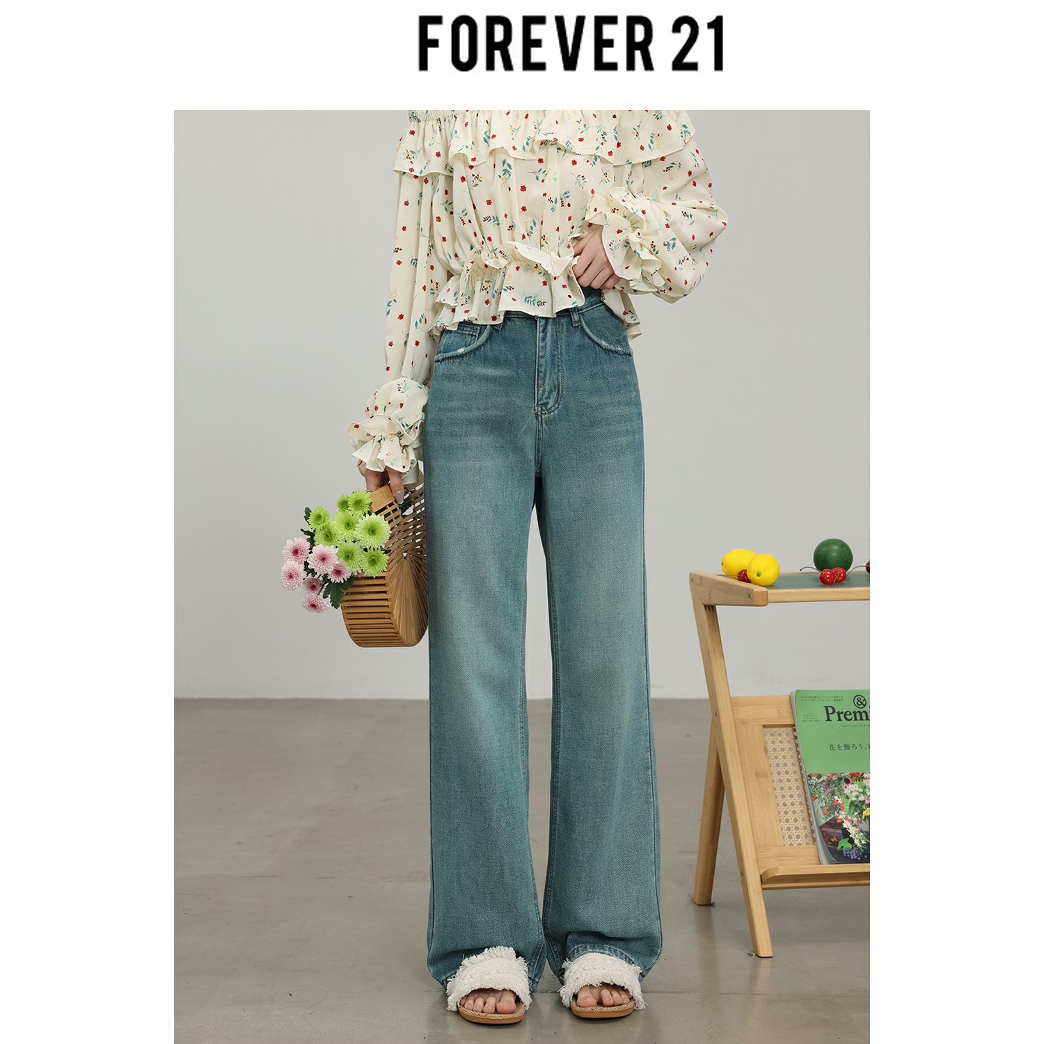 Forever 21【瘦腿神器】高腰牛仔裤女2024春季新款复古设计感百搭 - 图0