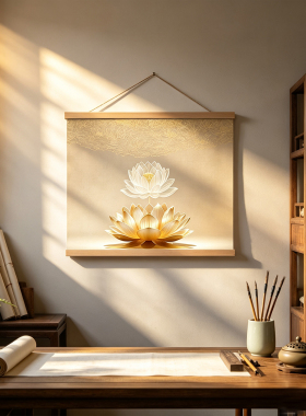 新中式禅意金色莲花卷轴挂画免打孔电表箱遮挡茶室玄关书房装饰画