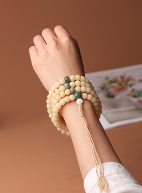 陈化老料飘花白玉菩提根108颗手