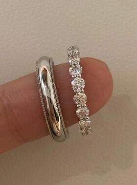 S925纯银简约百搭浪漫情侣求婚对戒叠戴满圈排钻戒指男女镶钻指环