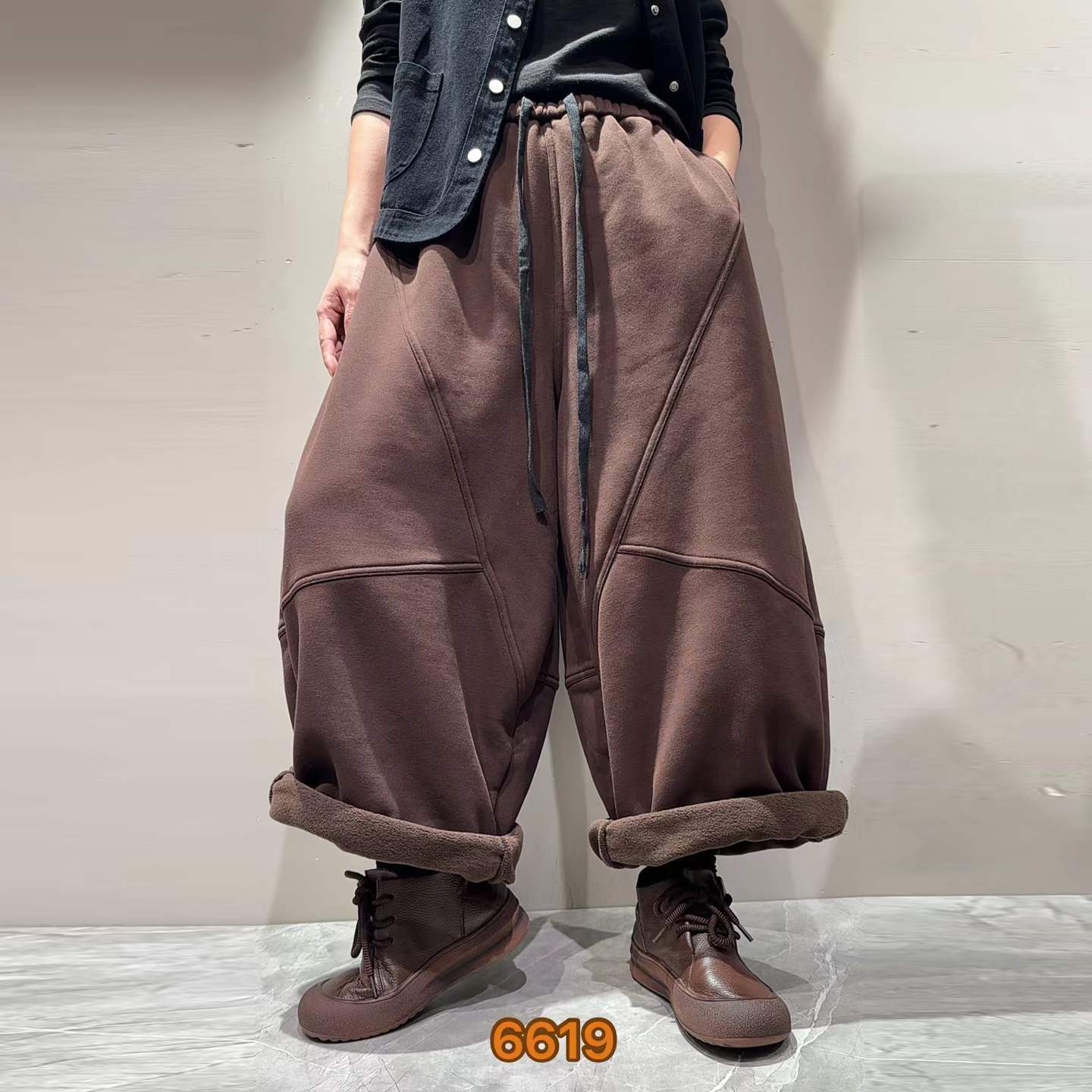 欧货复古加绒针织棉卫裤女宽松大码长裤洋气妈妈休闲裤纯色老爹裤 - 图1